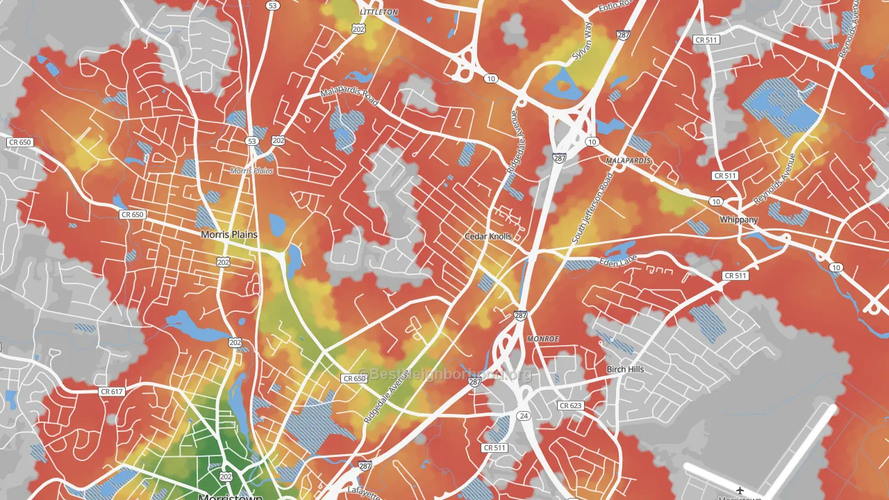 Walk Grade map of 07927, NJ, walkable areas in green and car-dependent areas in red