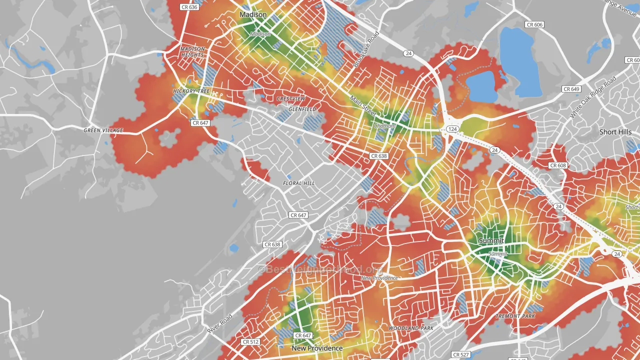 Walk Grade map of 07928, NJ, walkable areas in green and car-dependent areas in red