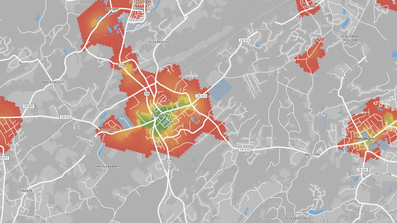Walk Grade map of 07930, NJ, walkable areas in green and car-dependent areas in red