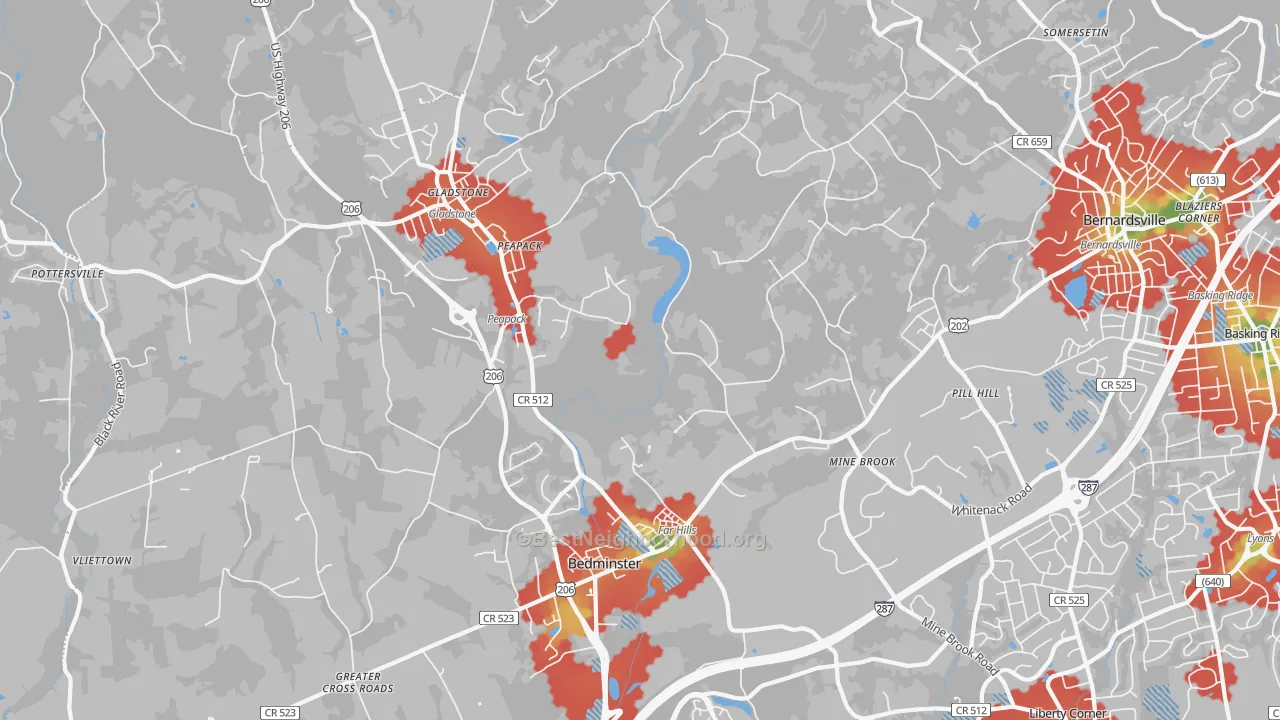 Walk Grade map of 07931, NJ, walkable areas in green and car-dependent areas in red