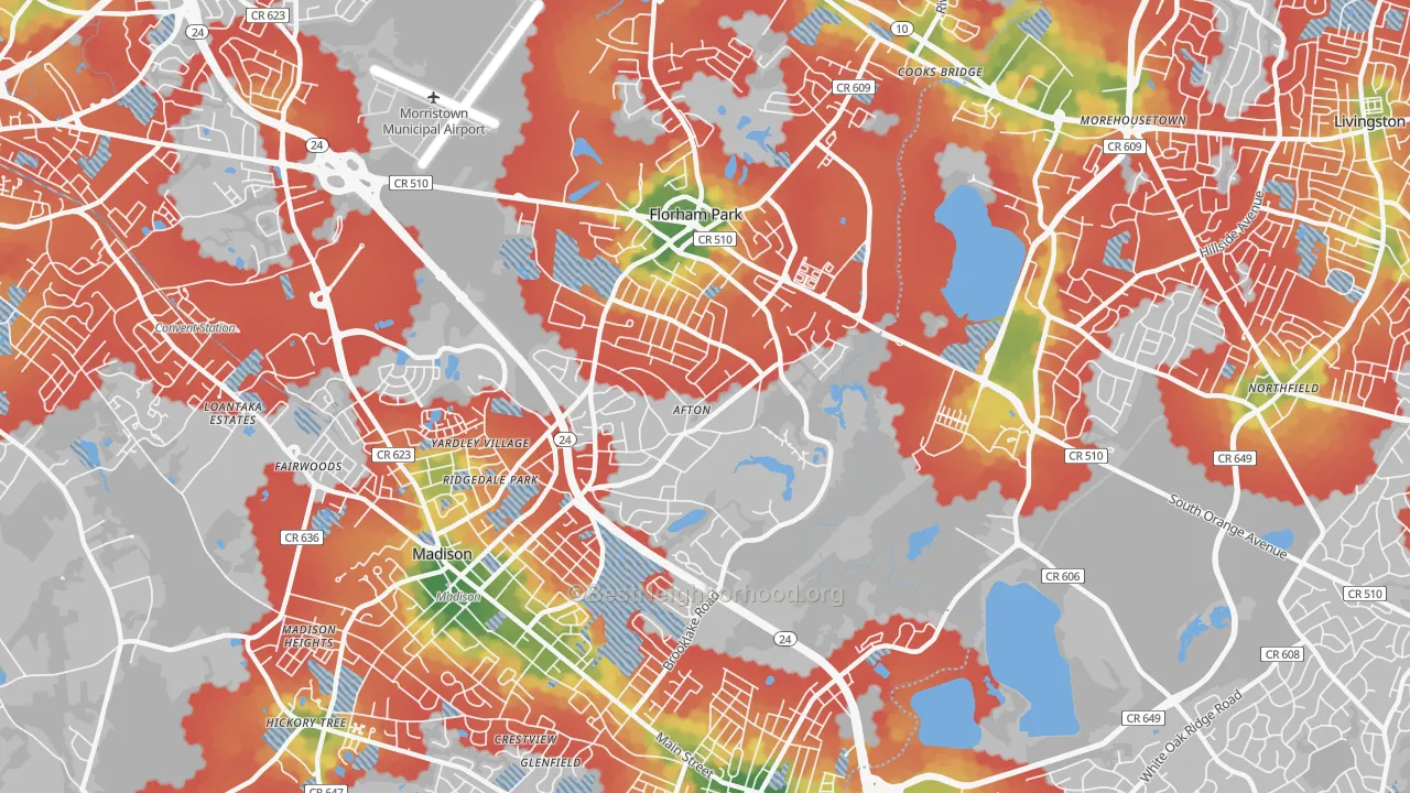 Walk Grade map of 07932, NJ, walkable areas in green and car-dependent areas in red