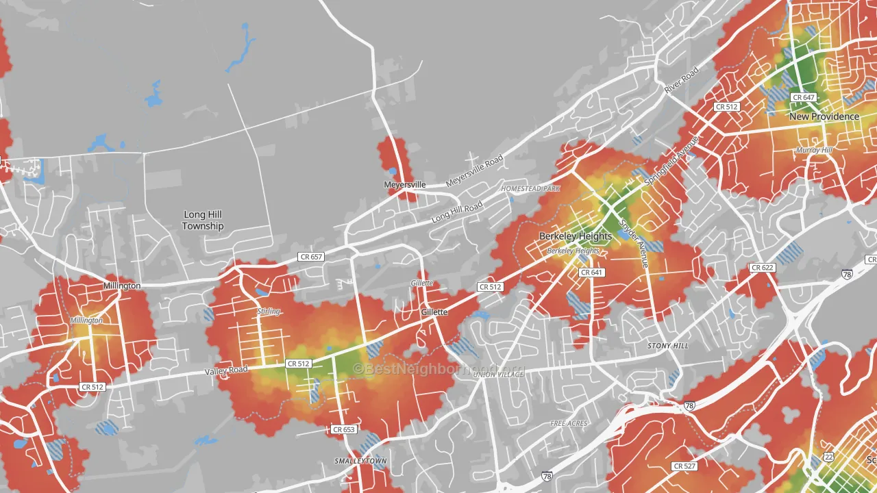 Walk Grade map of 07933, NJ, walkable areas in green and car-dependent areas in red