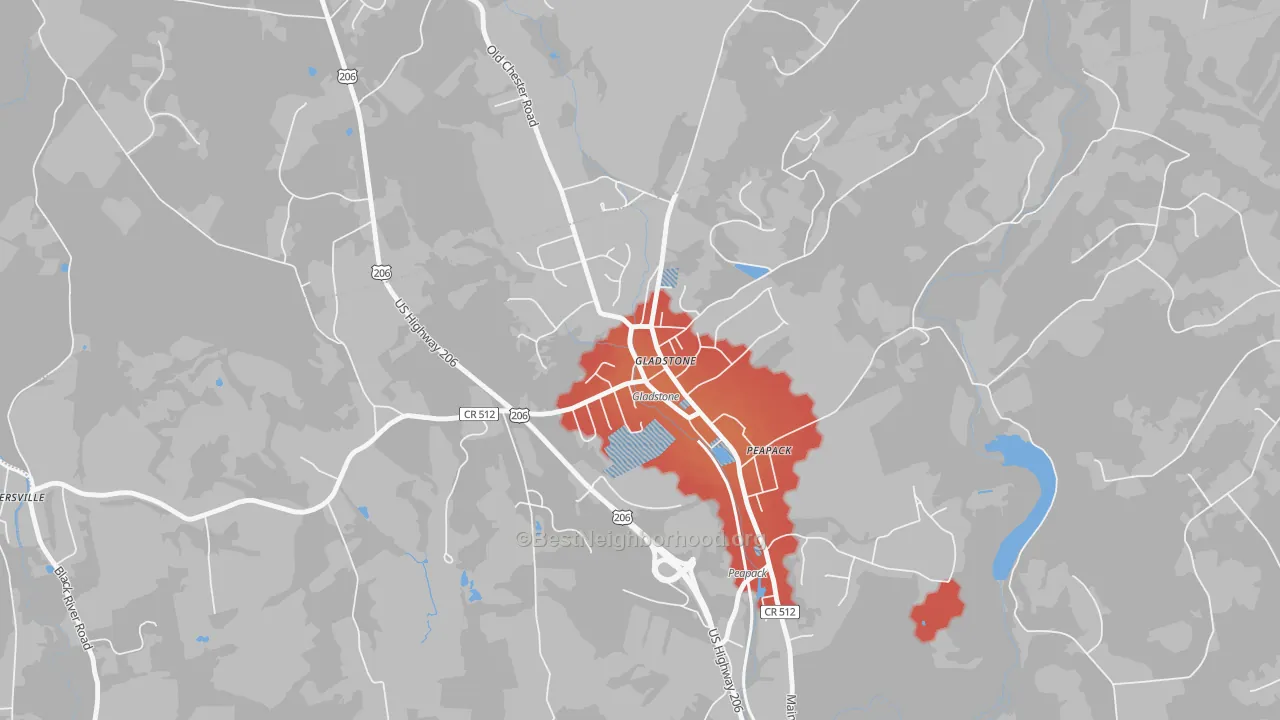 Walk Grade map of 07934, NJ, walkable areas in green and car-dependent areas in red