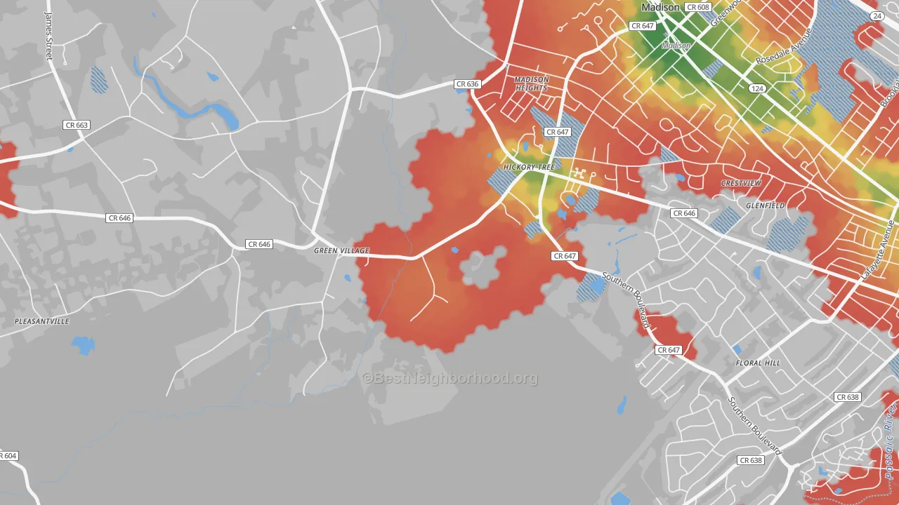 Walk Grade map of 07935, NJ, walkable areas in green and car-dependent areas in red