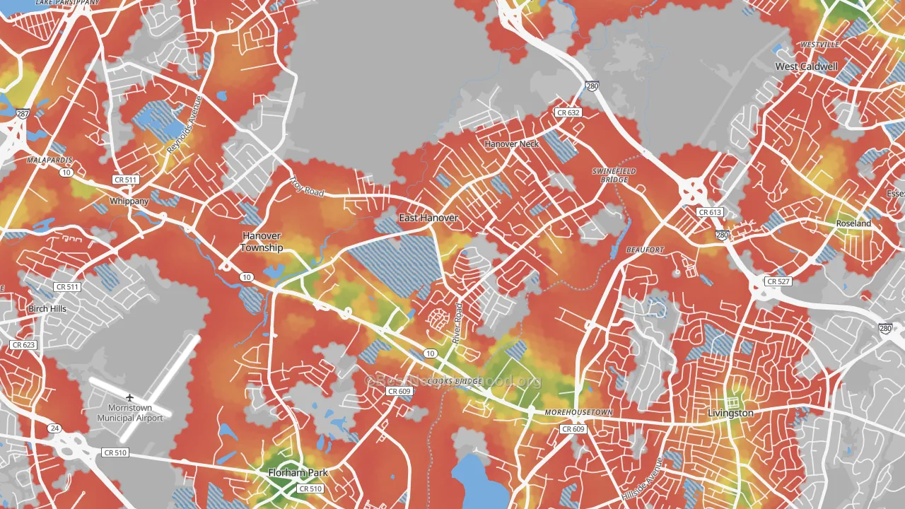 Walk Grade map of 07936, NJ, walkable areas in green and car-dependent areas in red