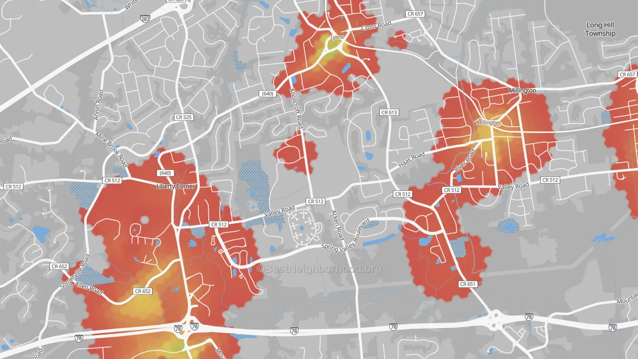 Walk Grade map of 07939, NJ, walkable areas in green and car-dependent areas in red