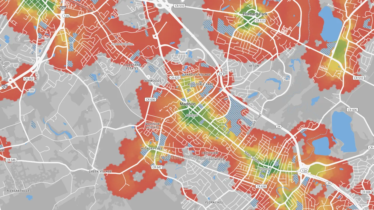 Walk Grade map of 07940, NJ, walkable areas in green and car-dependent areas in red