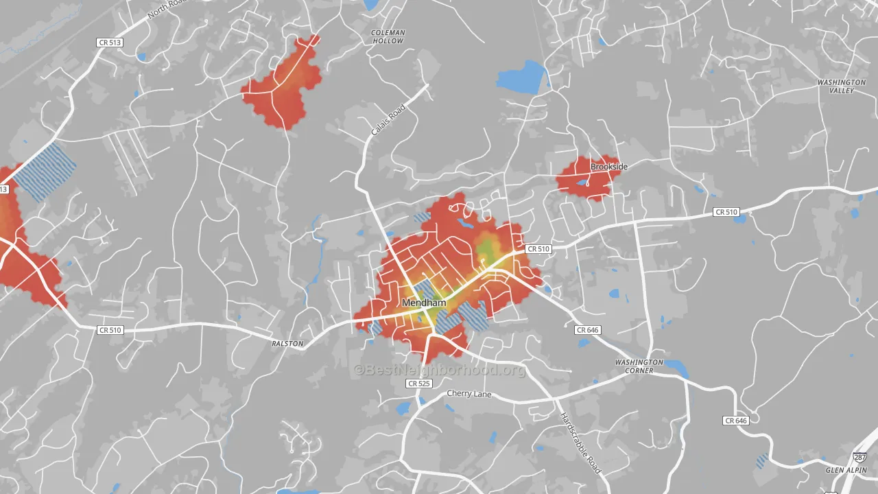 Walk Grade map of 07945, NJ, walkable areas in green and car-dependent areas in red