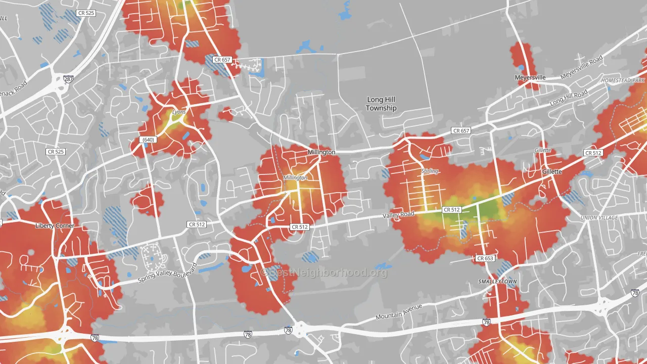 Walk Grade map of 07946, NJ, walkable areas in green and car-dependent areas in red