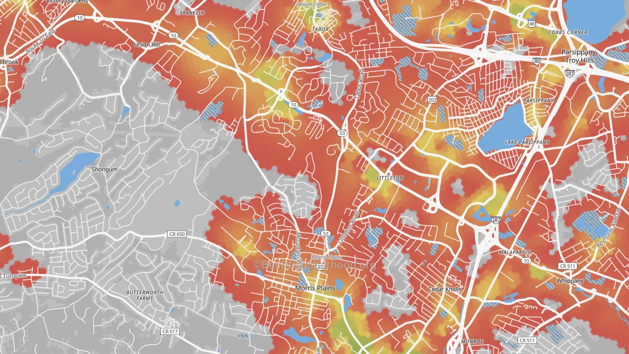 Walk Grade map of 07950, NJ, walkable areas in green and car-dependent areas in red