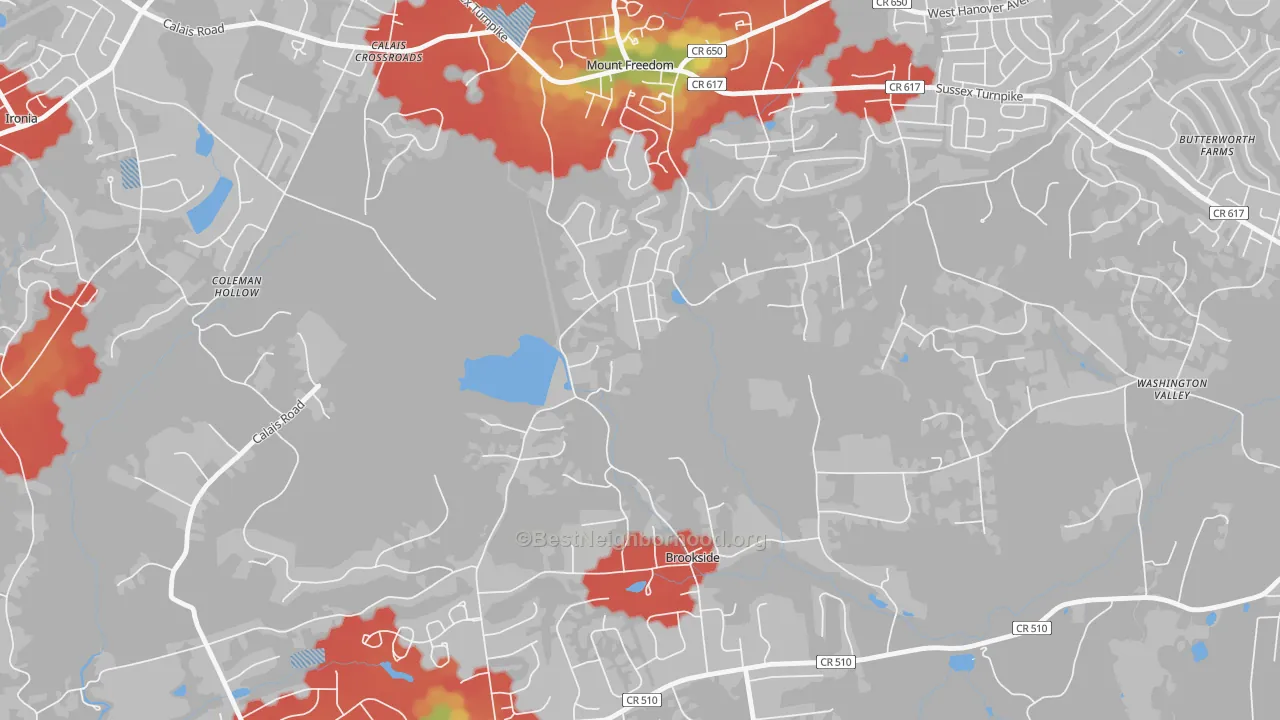 Walk Grade map of 07970, NJ, walkable areas in green and car-dependent areas in red