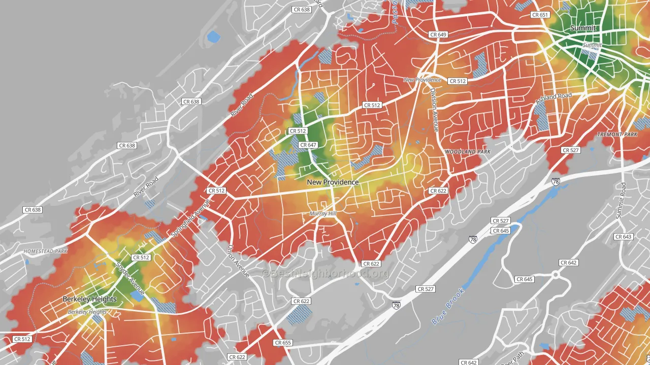 Walk Grade map of 07974, NJ, walkable areas in green and car-dependent areas in red