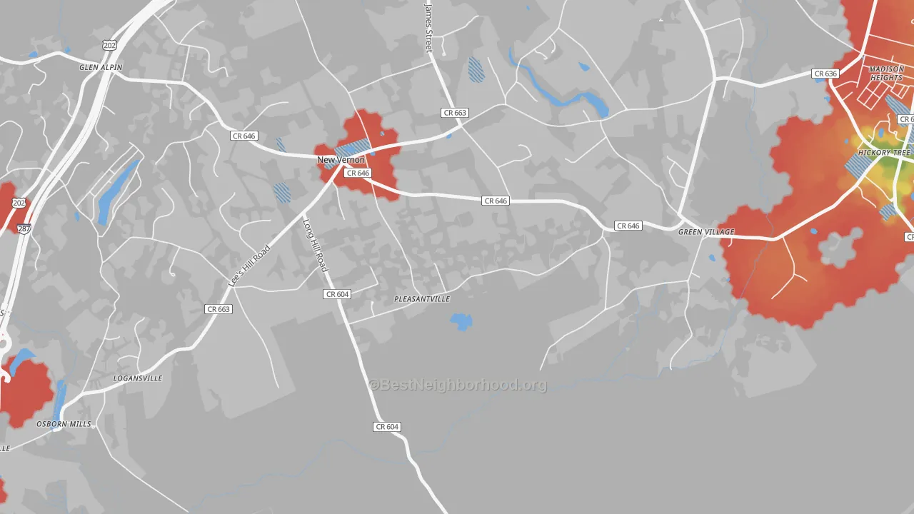 Walk Grade map of 07976, NJ, walkable areas in green and car-dependent areas in red