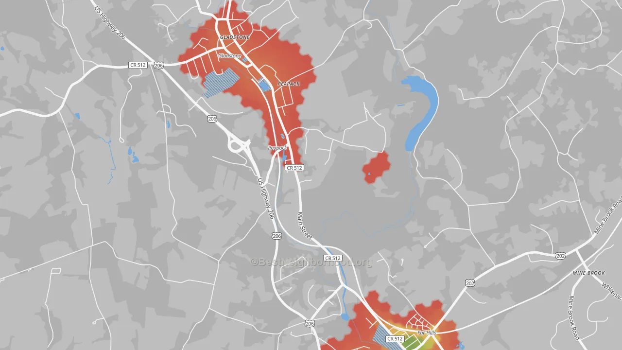 Walk Grade map of 07977, NJ, walkable areas in green and car-dependent areas in red