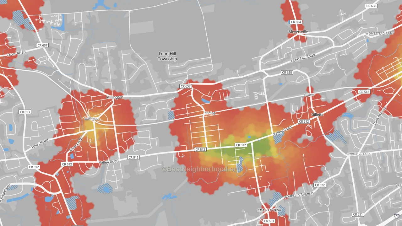 Walk Grade map of 07980, NJ, walkable areas in green and car-dependent areas in red