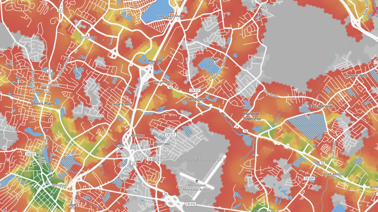Walk Grade map of 07981, NJ, walkable areas in green and car-dependent areas in red