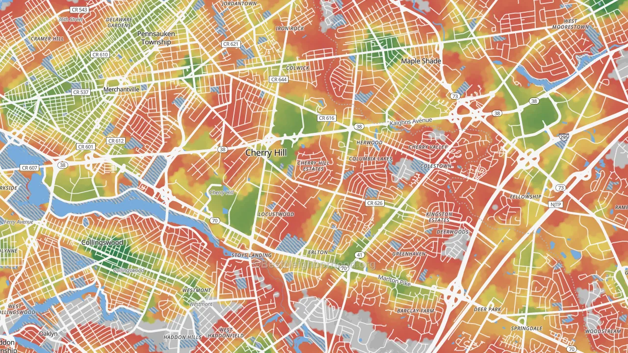 Walk Grade map of 08002, NJ, walkable areas in green and car-dependent areas in red