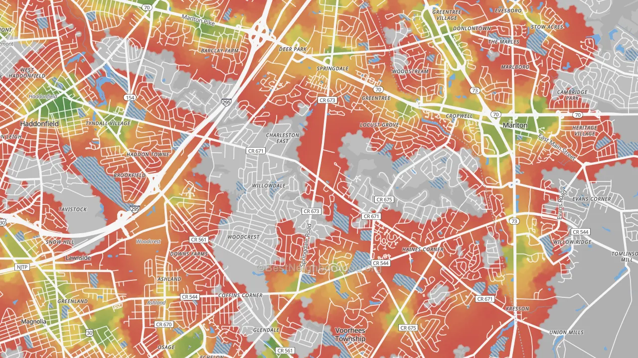 Walk Grade map of 08003, NJ, walkable areas in green and car-dependent areas in red