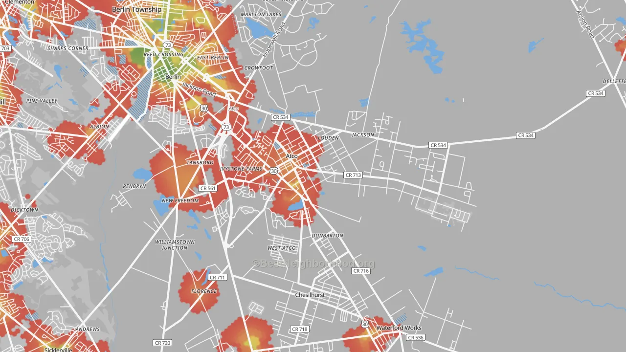 Walk Grade map of 08004, NJ, walkable areas in green and car-dependent areas in red