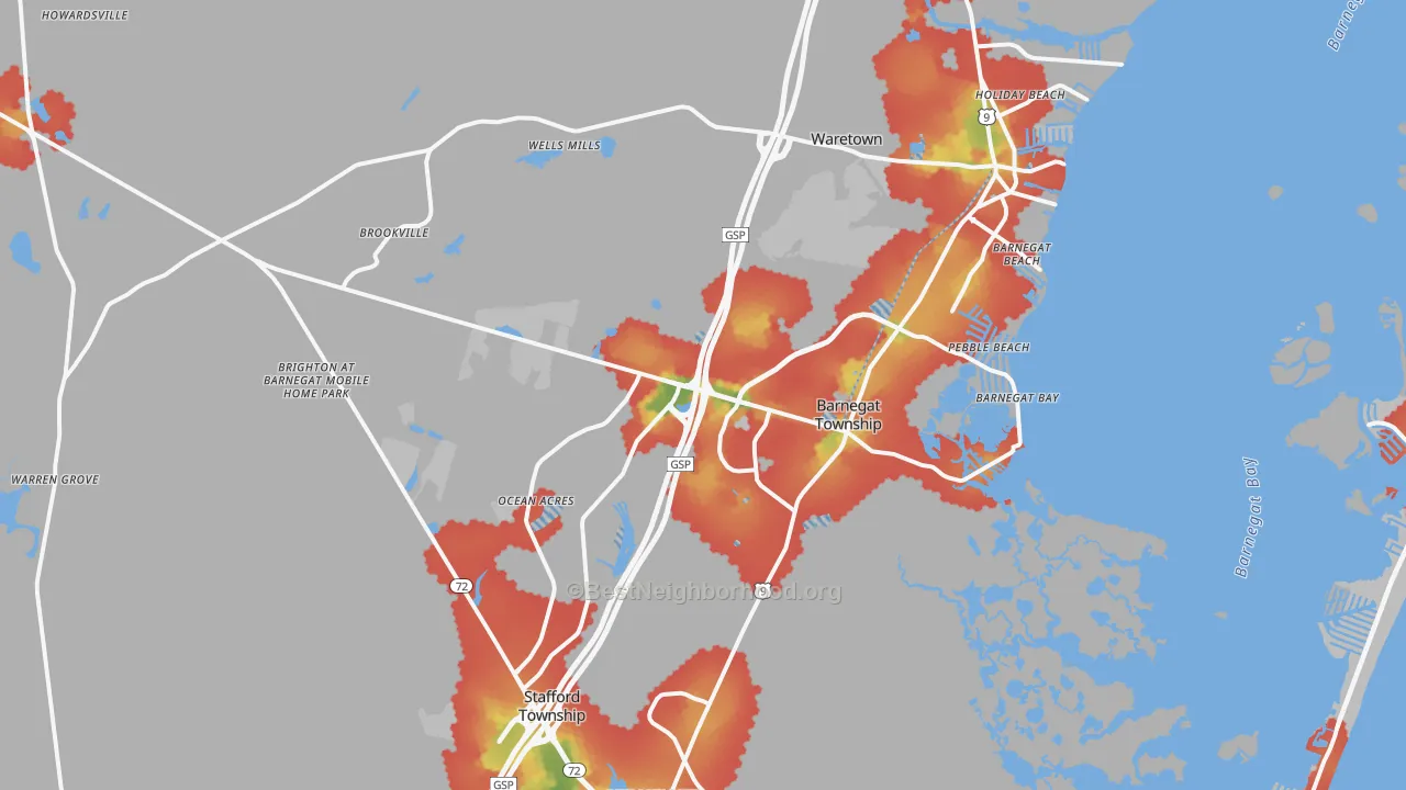 Walk Grade map of 08005, NJ, walkable areas in green and car-dependent areas in red