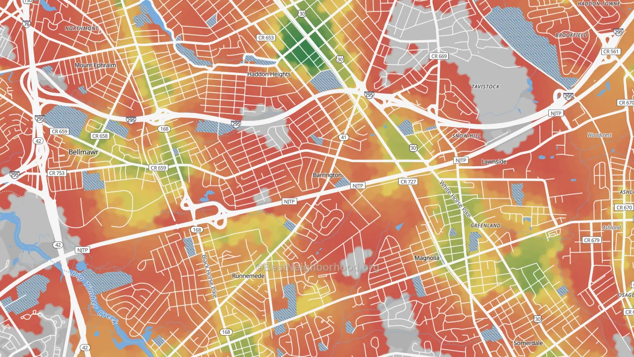 Walk Grade map of 08007, NJ, walkable areas in green and car-dependent areas in red
