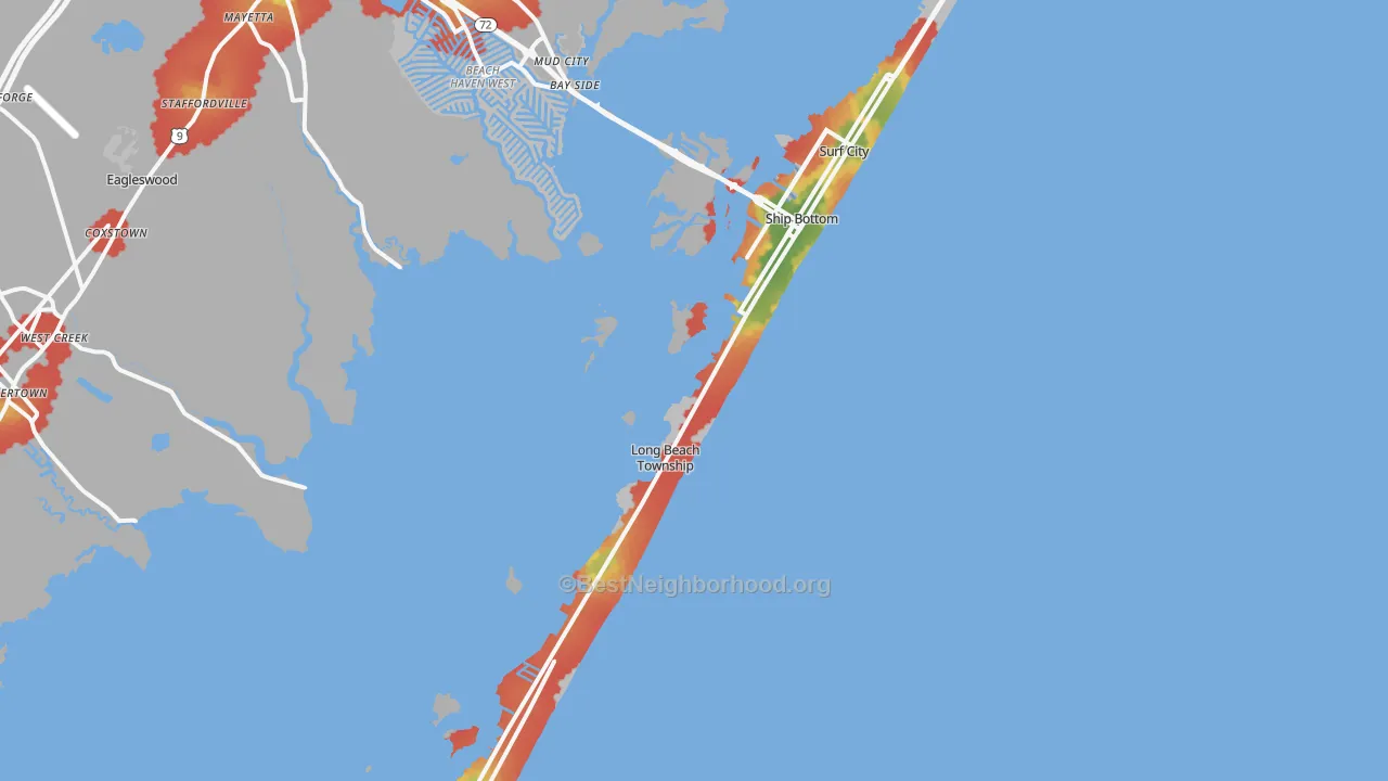 Walk Grade map of 08008, NJ, walkable areas in green and car-dependent areas in red
