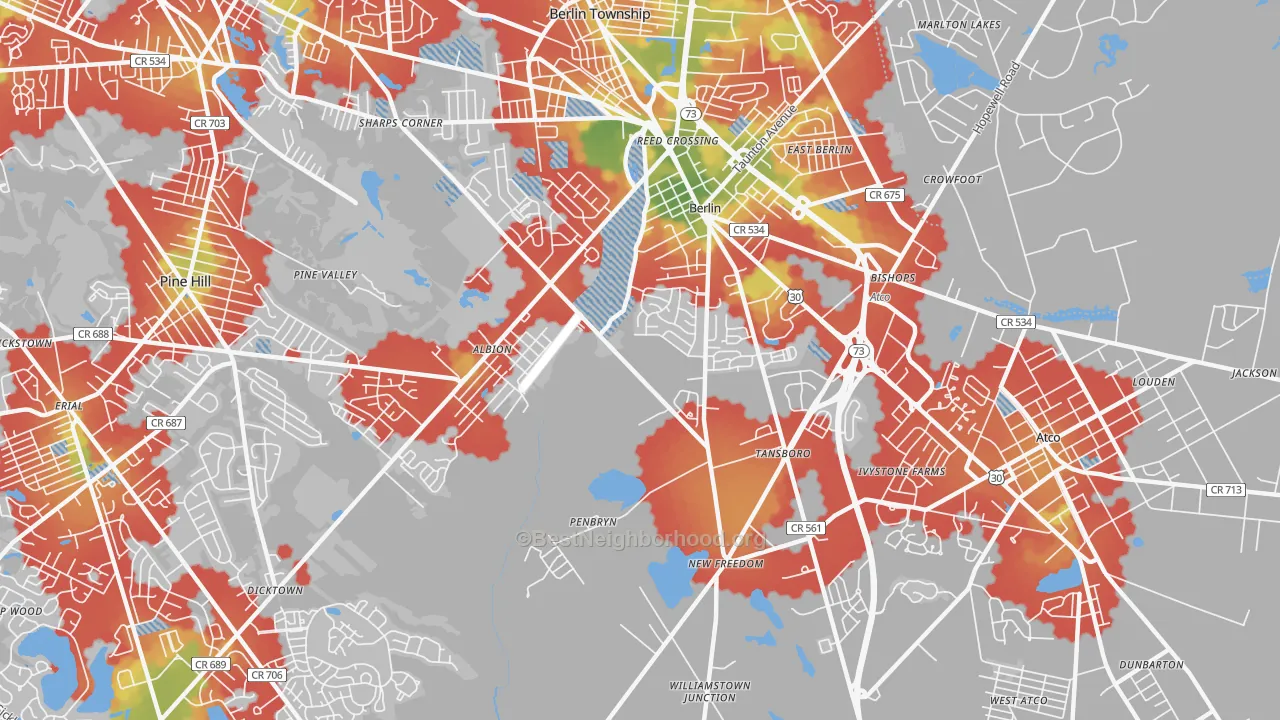 Walk Grade map of 08009, NJ, walkable areas in green and car-dependent areas in red
