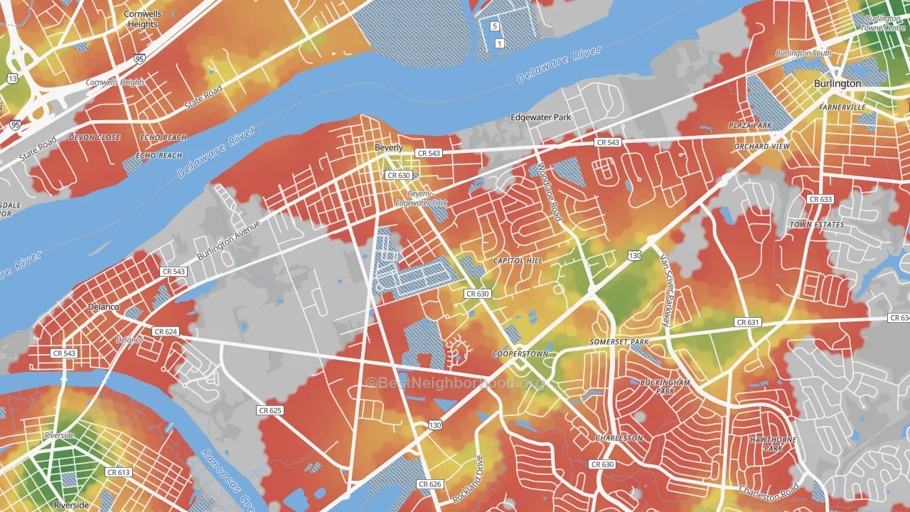 Walk Grade map of 08010, NJ, walkable areas in green and car-dependent areas in red