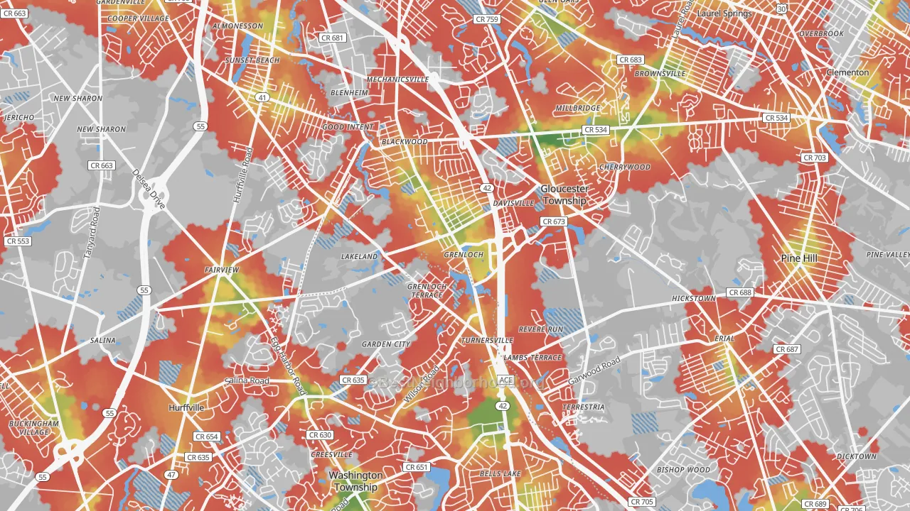 Walk Grade map of 08012, NJ, walkable areas in green and car-dependent areas in red