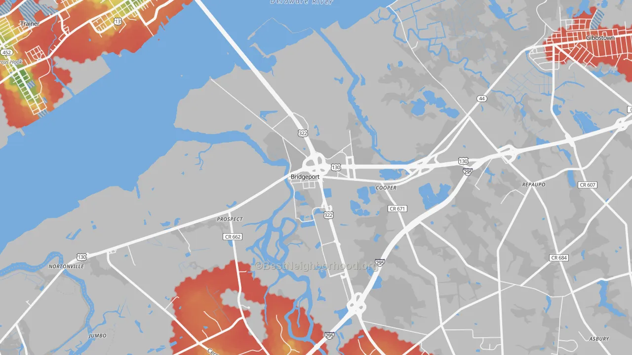 Walk Grade map of 08014, NJ, walkable areas in green and car-dependent areas in red