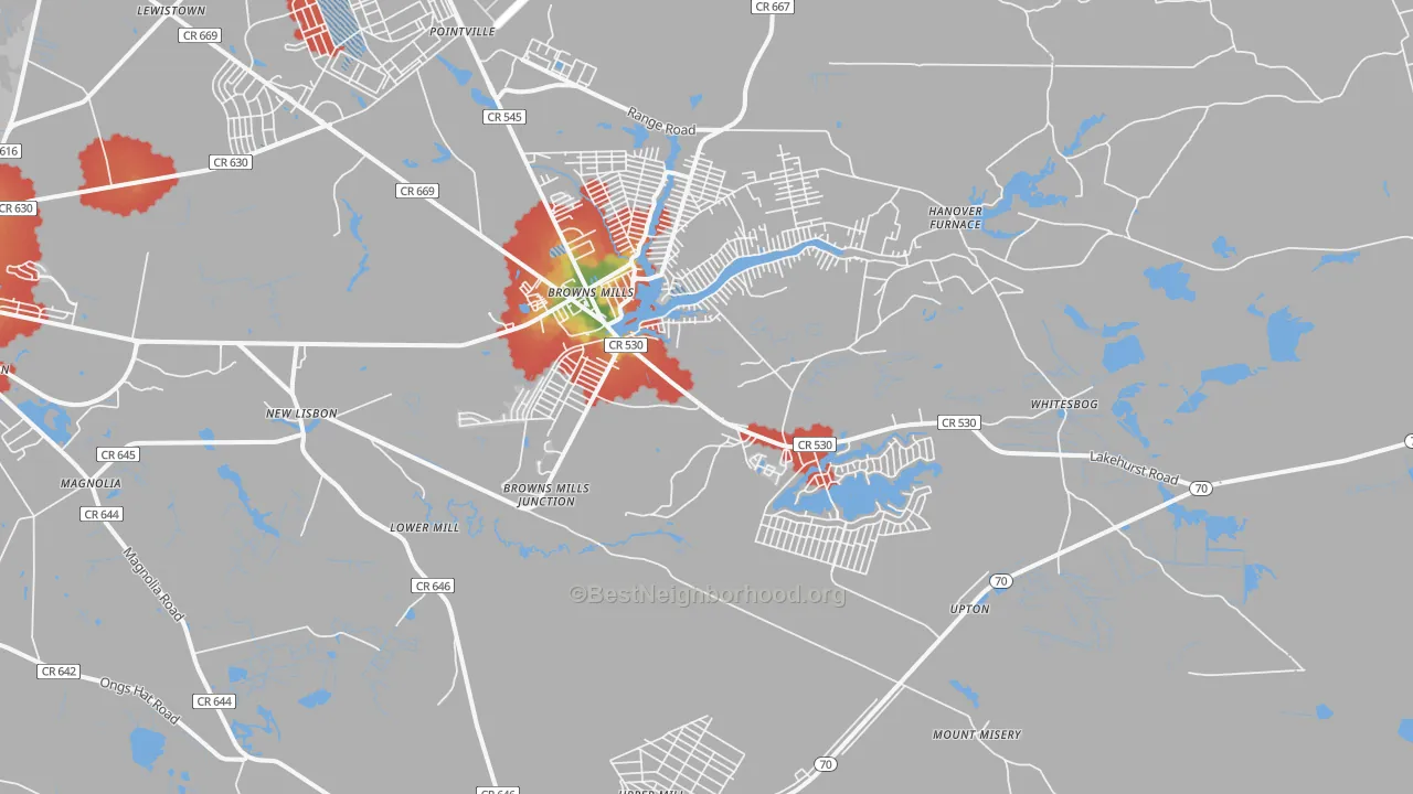 Walk Grade map of 08015, NJ, walkable areas in green and car-dependent areas in red