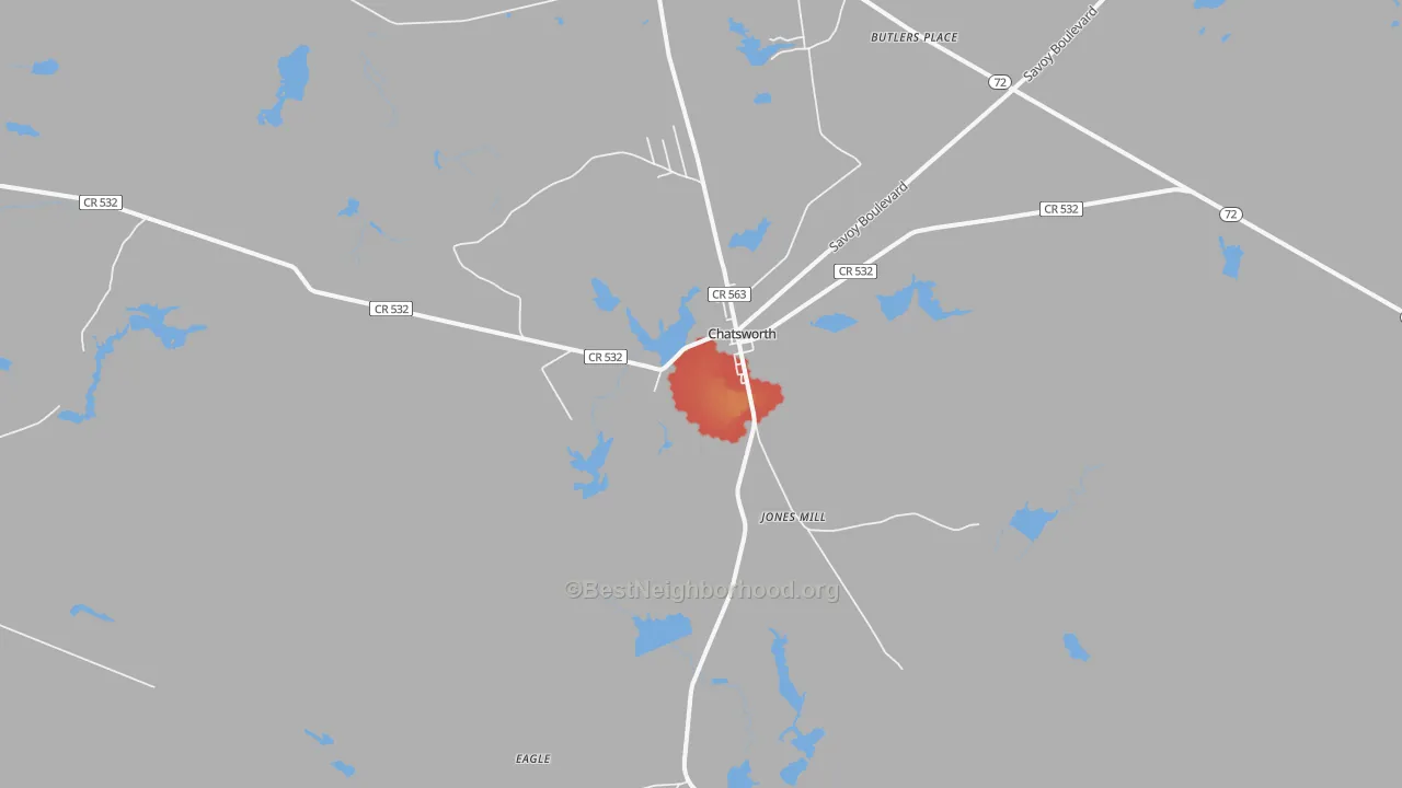 Walk Grade map of 08019, NJ, walkable areas in green and car-dependent areas in red