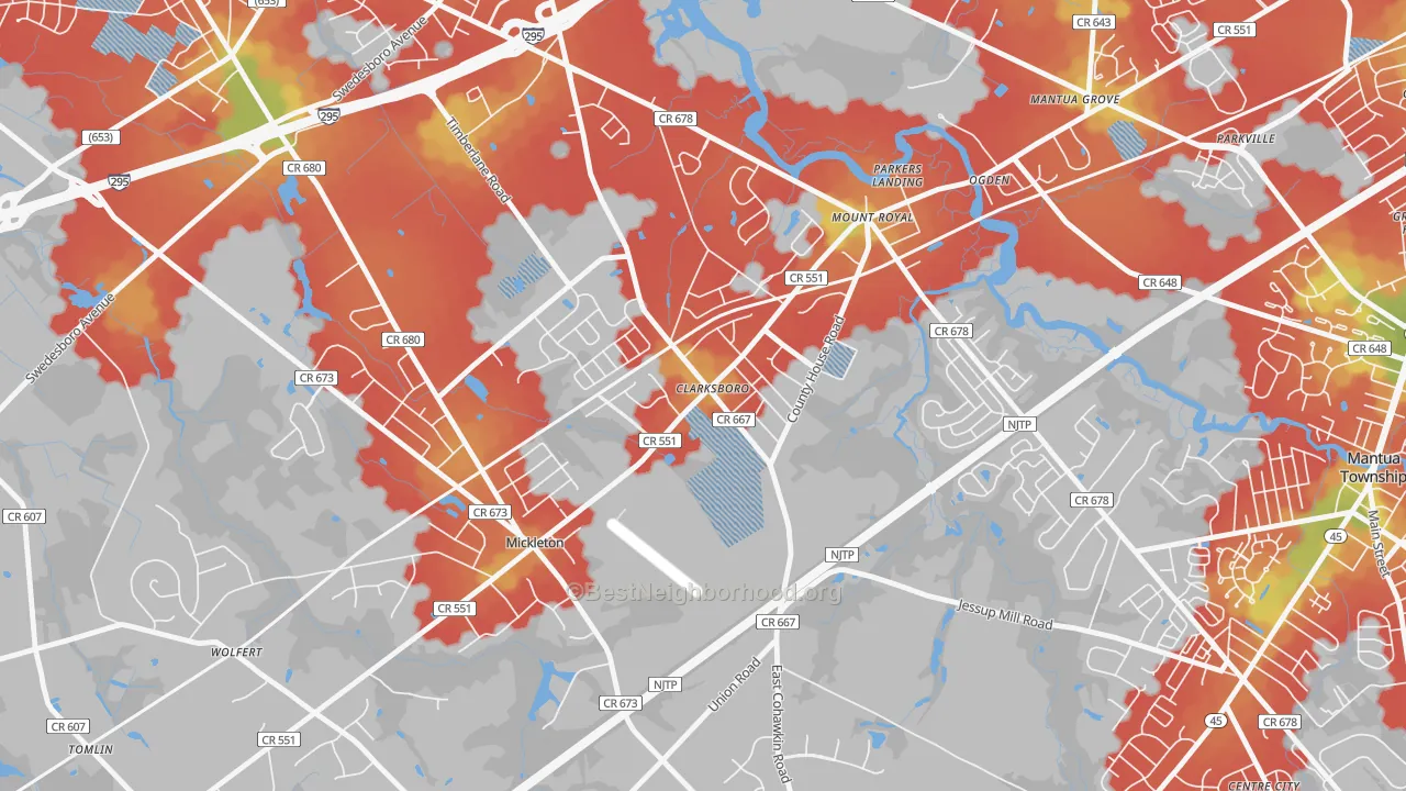 Walk Grade map of 08020, NJ, walkable areas in green and car-dependent areas in red