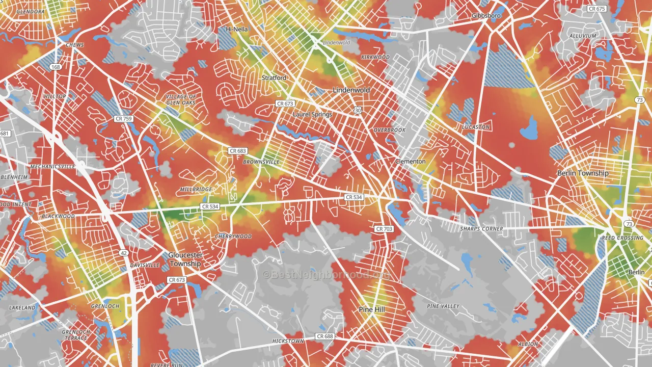 Walk Grade map of 08021, NJ, walkable areas in green and car-dependent areas in red