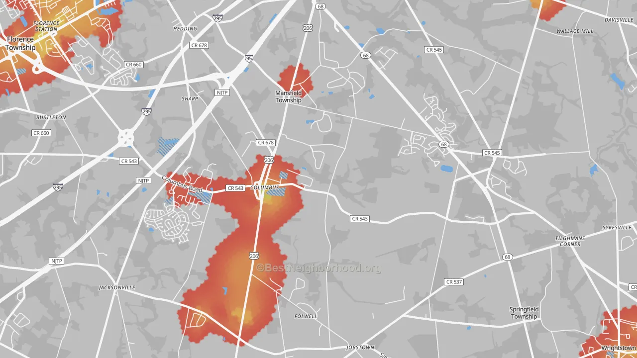 Walk Grade map of 08022, NJ, walkable areas in green and car-dependent areas in red