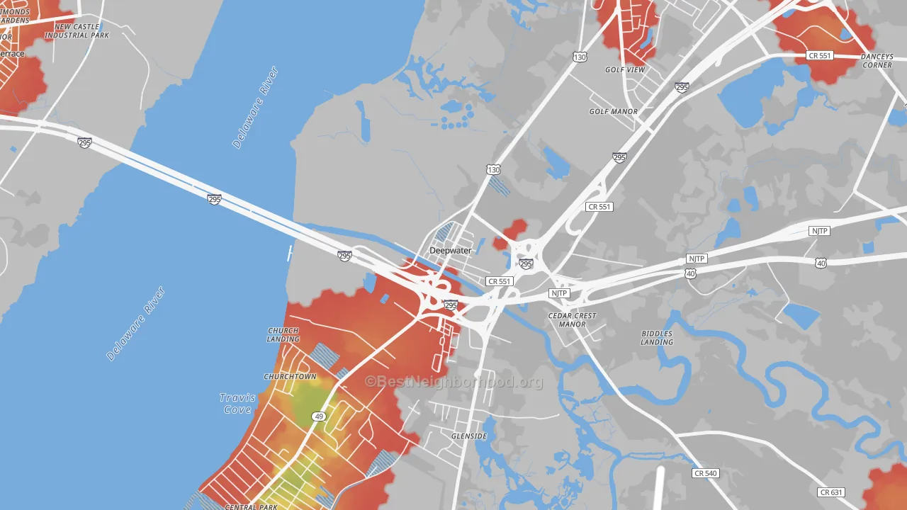 Walk Grade map of 08023, NJ, walkable areas in green and car-dependent areas in red