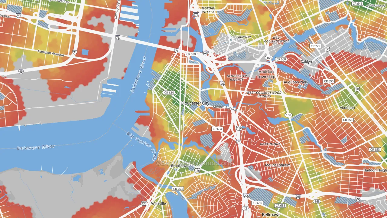 Walk Grade map of 08030, NJ, walkable areas in green and car-dependent areas in red