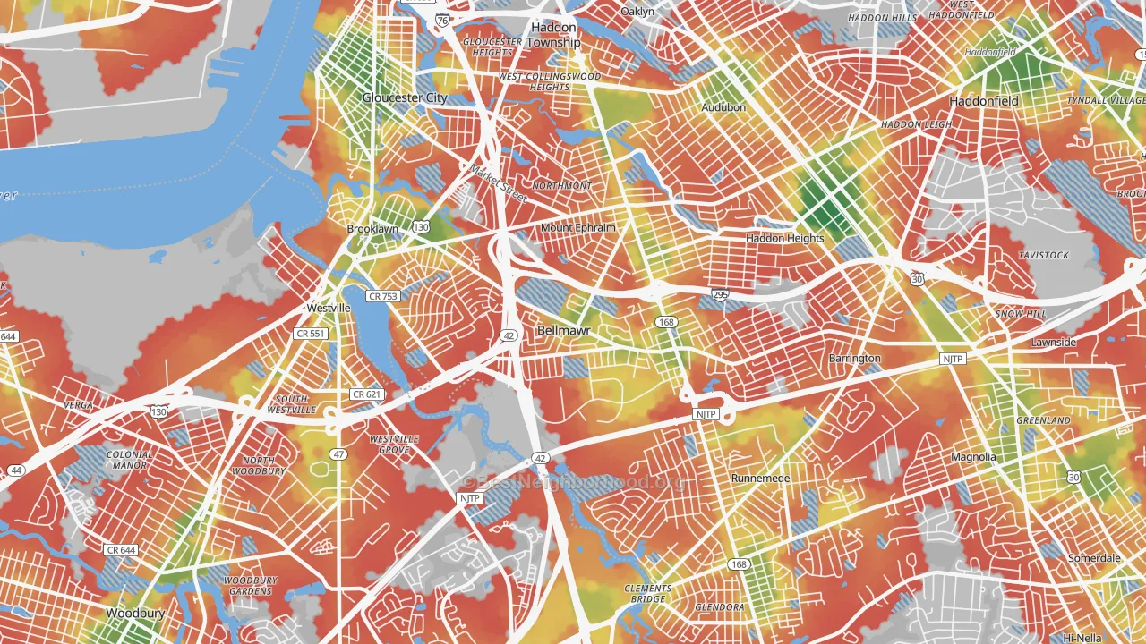 Walk Grade map of 08031, NJ, walkable areas in green and car-dependent areas in red