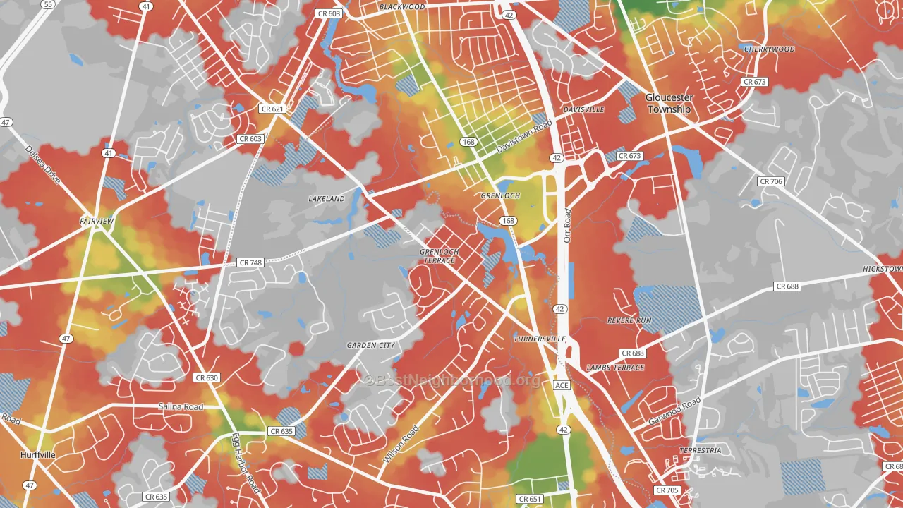 Walk Grade map of 08032, NJ, walkable areas in green and car-dependent areas in red