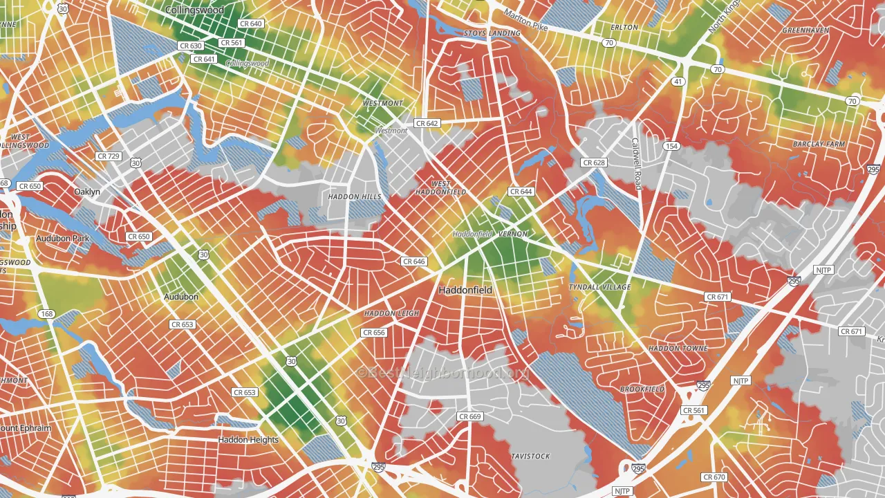 Walk Grade map of 08033, NJ, walkable areas in green and car-dependent areas in red