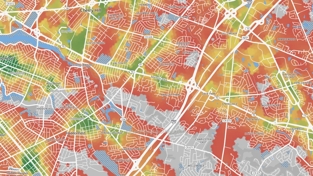 Walk Grade map of 08034, NJ, walkable areas in green and car-dependent areas in red