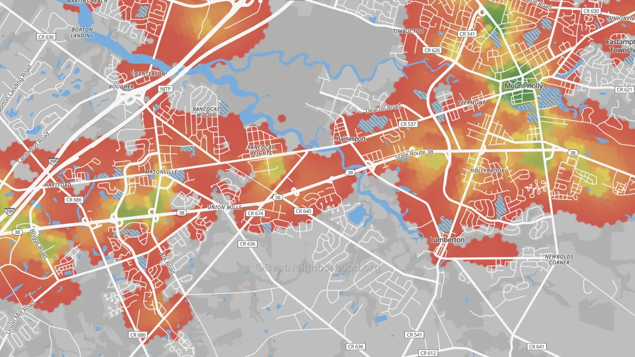 Walk Grade map of 08036, NJ, walkable areas in green and car-dependent areas in red