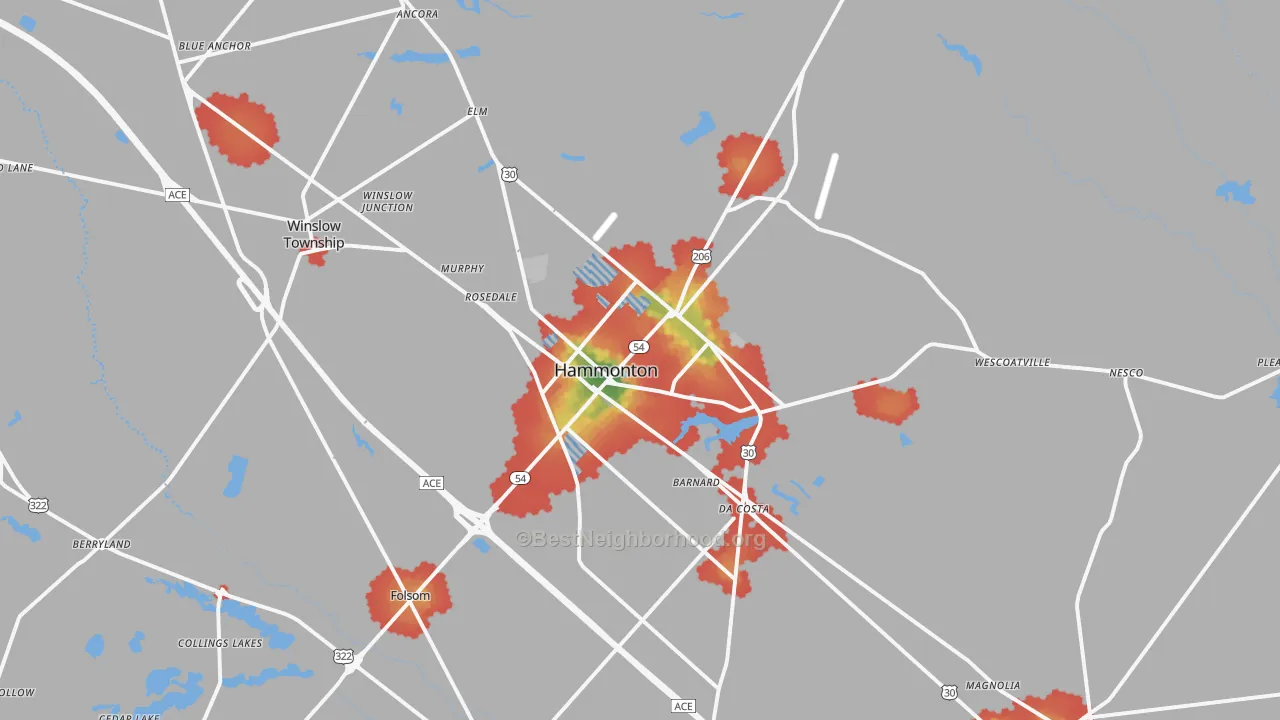 Walk Grade map of 08037, NJ, walkable areas in green and car-dependent areas in red