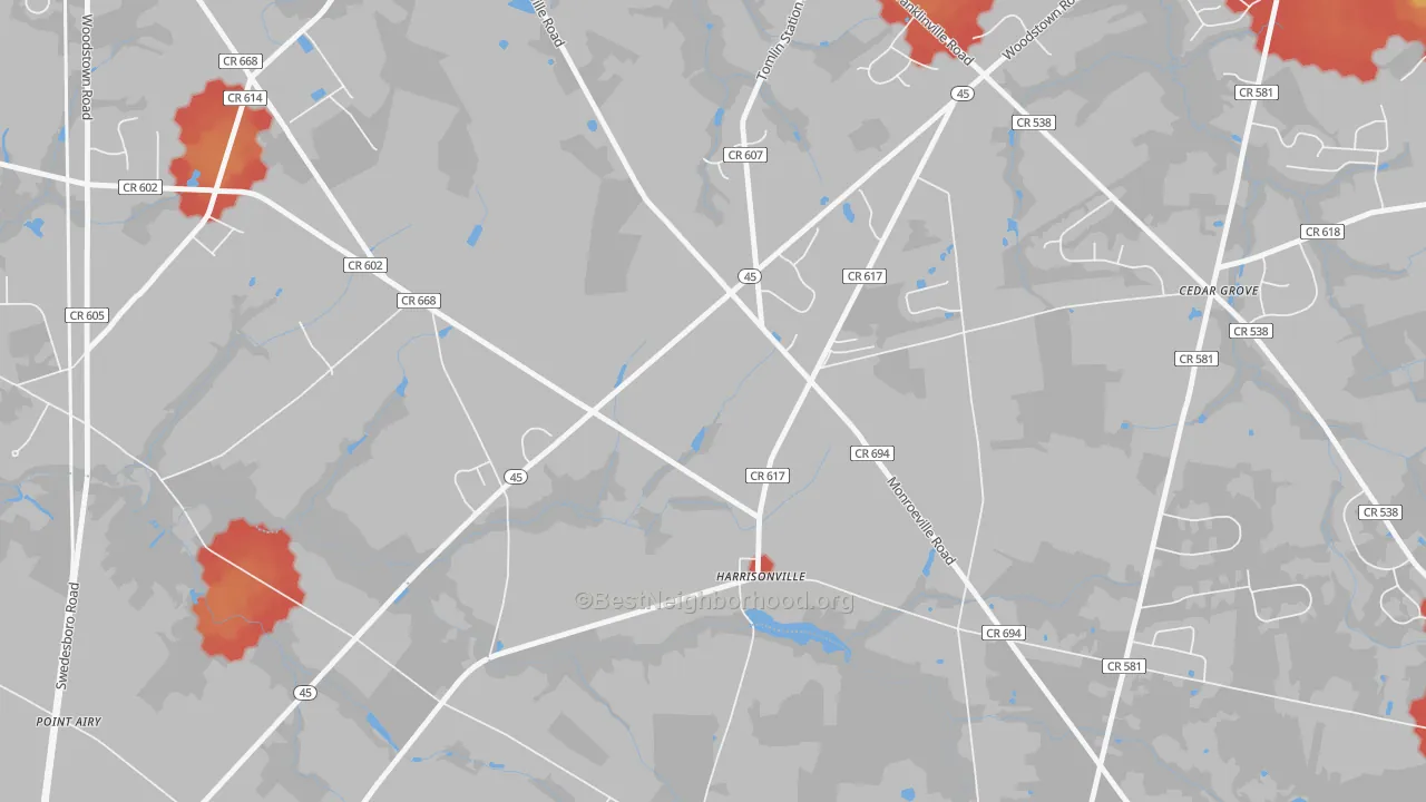 Walk Grade map of 08039, NJ, walkable areas in green and car-dependent areas in red