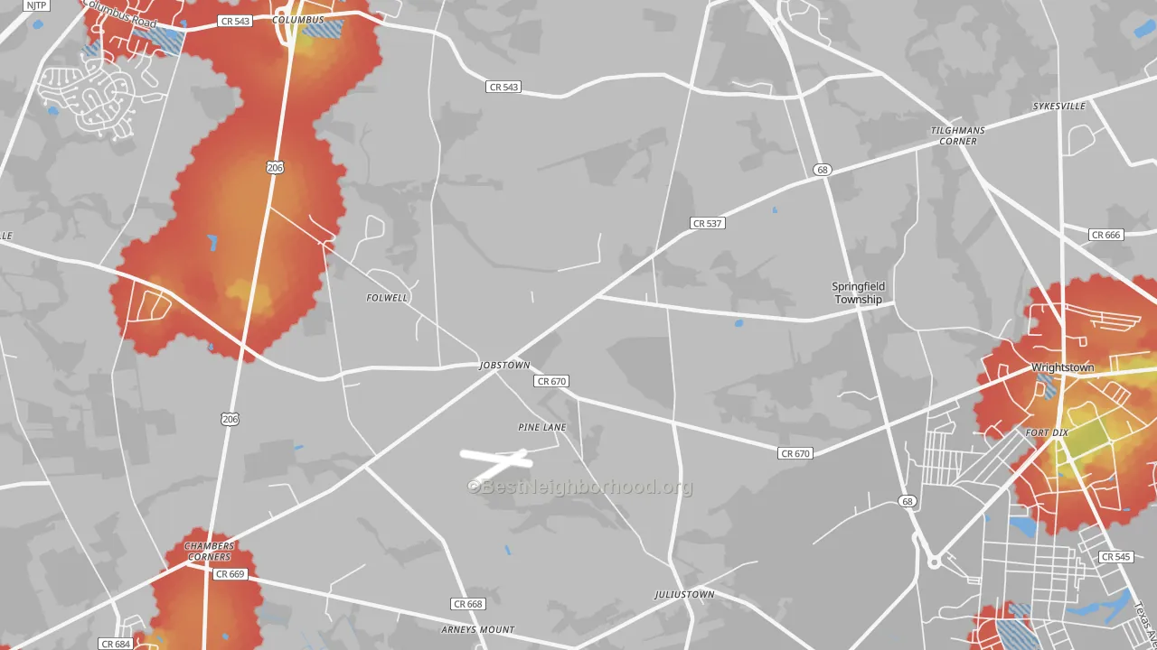 Walk Grade map of 08041, NJ, walkable areas in green and car-dependent areas in red