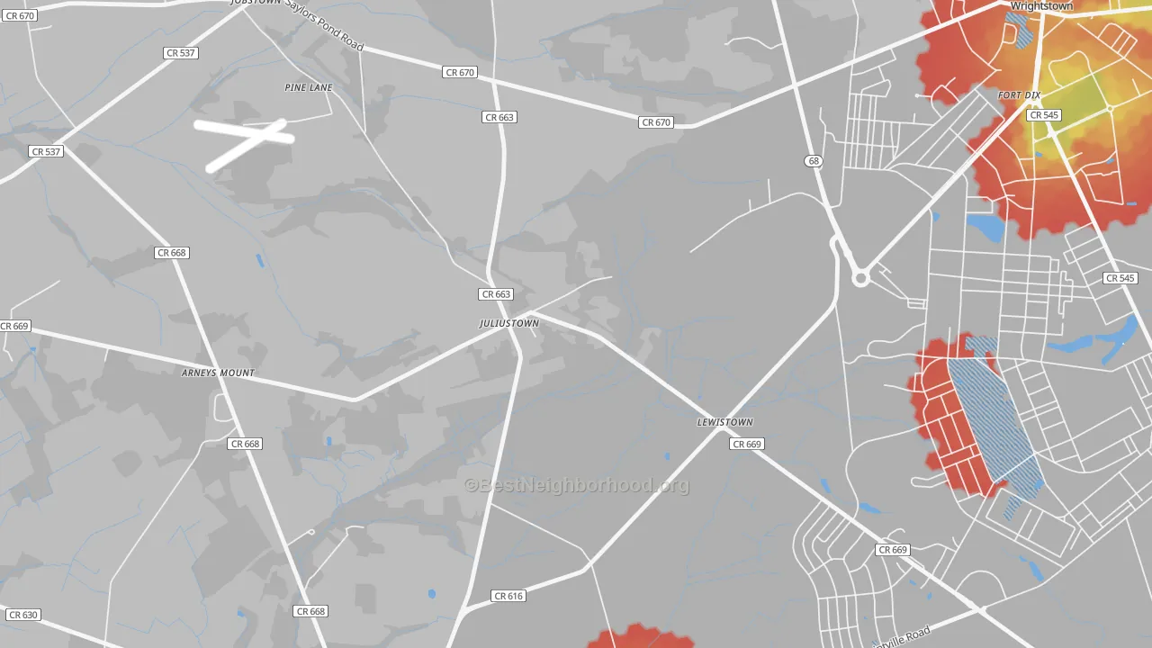 Walk Grade map of 08042, NJ, walkable areas in green and car-dependent areas in red