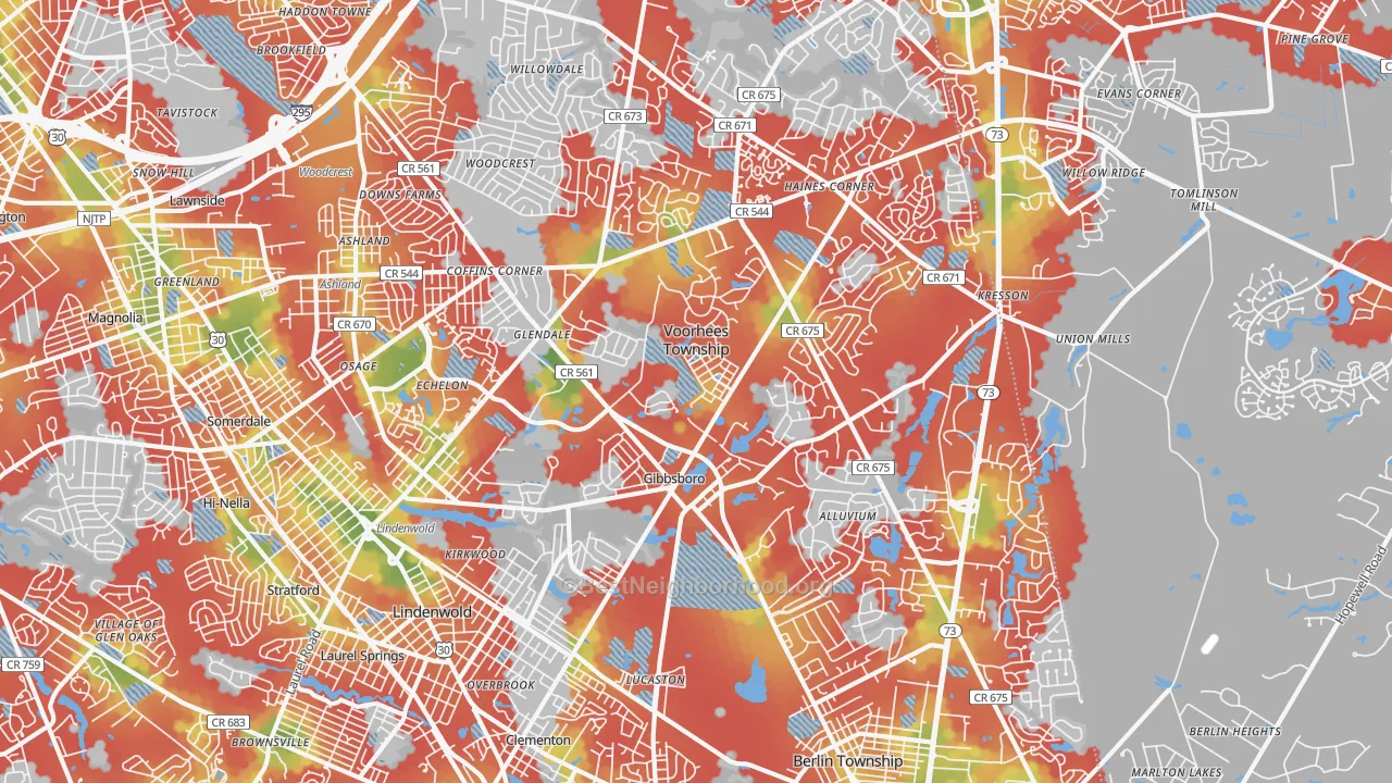 Walk Grade map of 08043, NJ, walkable areas in green and car-dependent areas in red