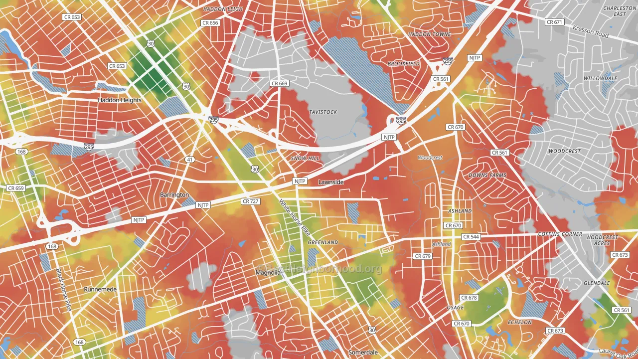 Walk Grade map of 08045, NJ, walkable areas in green and car-dependent areas in red