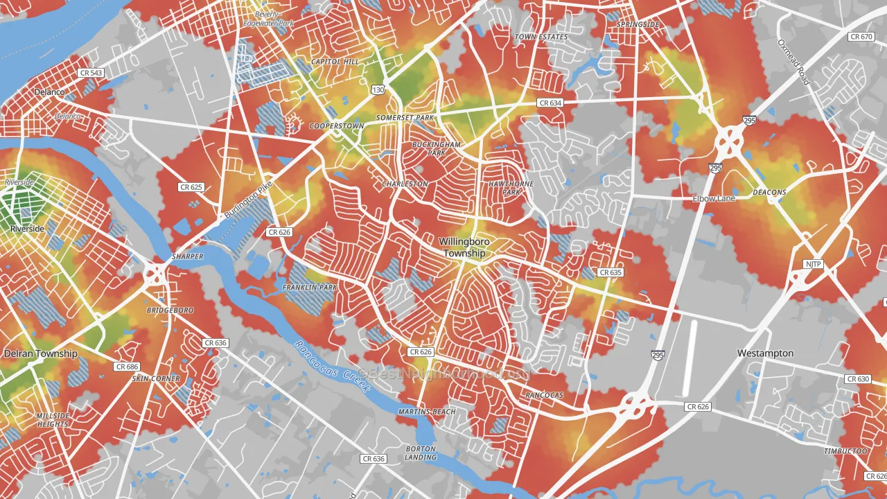 Walk Grade map of 08046, NJ, walkable areas in green and car-dependent areas in red