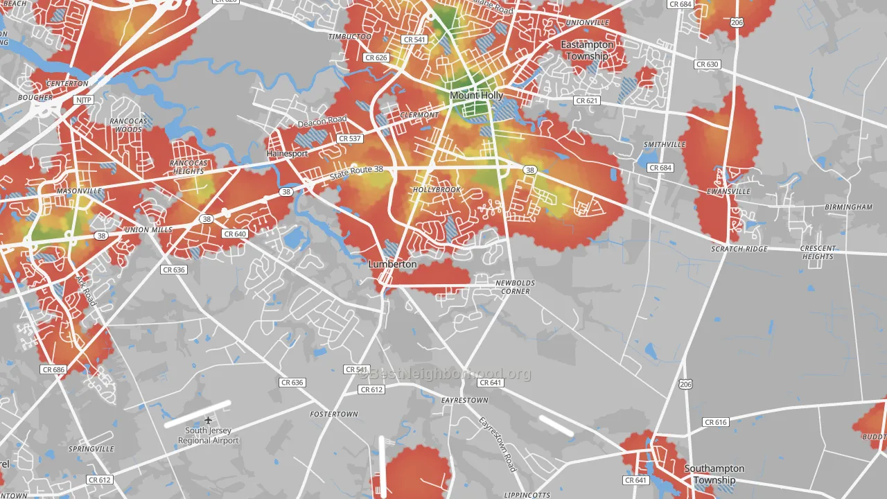 Walk Grade map of 08048, NJ, walkable areas in green and car-dependent areas in red